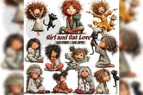 Download Whimsical Girl &amp; Cat Love Clipart Set - Love Collection