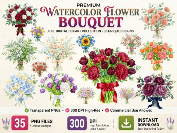Download Watercolor Flower Bouquet Clipart Bundle - Bouquet Collection